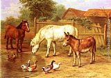 Ducks Canvas Paintings - Ponies, Donkey and Ducks in a Farmyard